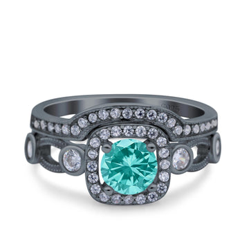Two Piece Art Deco Wedding Ring Band Round Black Tone, Simulated Paraiba Tourmaline CZ 925 Sterling Silver